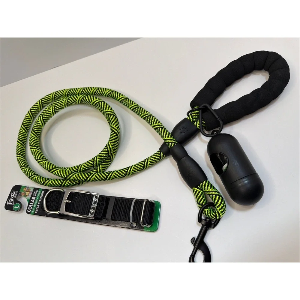 Braided Rope Leash Strong Reflective Lime Green 6ft  With Large Black Dog Collar